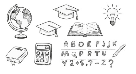 Sketchy Education Icons: Globe, Graduation Caps, Books, Calculator, Alphabet, and Lightbulb Illustrating Learning and Knowledge.