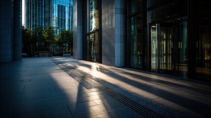 Sunlit urban plaza with modern glass building and revolving doors; shadows stretch across the paved ground, showcasing architectural details