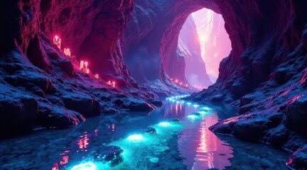 Obraz premium Enigmatic subterranean river illuminated by ethereal glows, winding through a cavern of vibrant purple and blue hues, leading to a mysterious opening