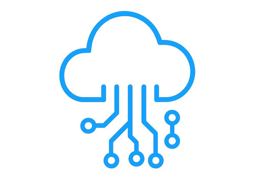 Digital cloud computing icon linking network circuitry, symbolizing technological connectivity and data storage integration on transparent backdrop