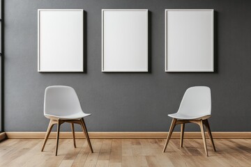 Three blank framed art pieces on a dark wall, white chairs, and wood floor