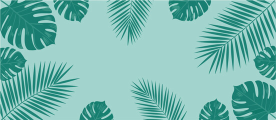 Tropical frame with monstera and palm leaves in shades of green and blue on a light green background