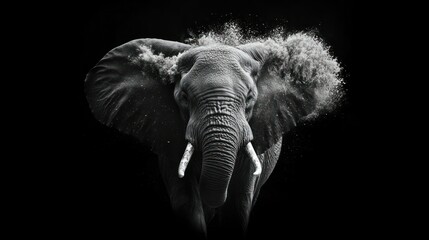 Majestic Asian Elephant Emerging from a Cloud of Dust with Large Ears Flapping in a Dynamic Black Background for Wildlife and Nature Photography