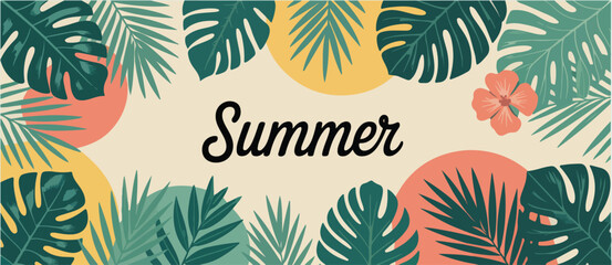 Tropical summer background with palm leaves and colorful abstract shapes and summer text art