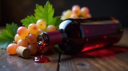 Obraz premium A bottle of red wine rests on a wooden surface, spilling onto the table next to a cluster of ripe grapes and a wine cork.