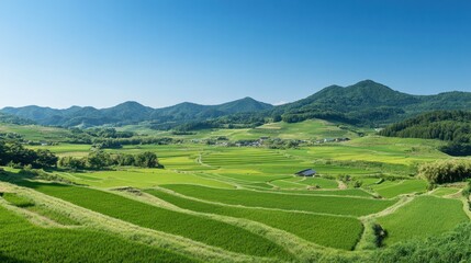 Vibrant green terraced rice paddies stretching across a lush valley surrounded by rolling hills under a clear blue sky du daytime, showcasing rural agricultural landscape