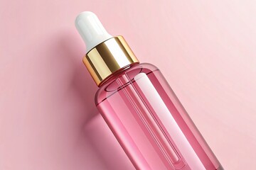 Pink beauty serum bottle mockup skincare product dropper gold cap on pink background