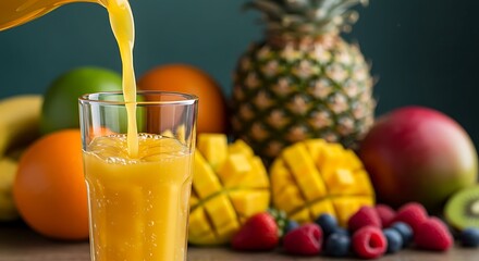 Tropical Juice Pour: A vibrant stream of refreshing juice cascades into a glass, surrounded by a colorful assortment of fresh fruits, including mango, pineapple, and berries, a delicious visual treat
