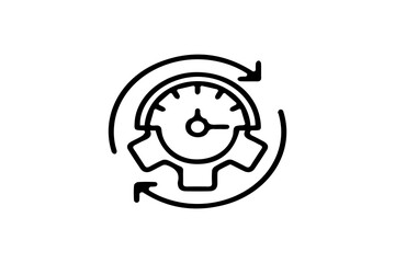 The image shows a black outline icon featuring a gear with a speedometer or gauge inside, surrounded by two circular arrows forming a loop.