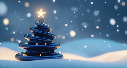 Stylized tree in snow with star and blurred lights