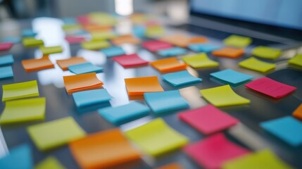 Colorful sticky notes in various shades scattered on a white surface with a blurred background of a workspace and computer screen for organization and planning