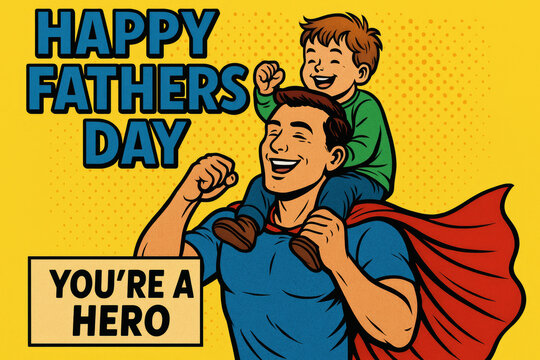 Father’s Day superhero comic with dad and son saying “You’re a hero”

