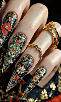intricate jeweled stiletto nail art with gold details, luxury baroque-style nail design with mosaic patterns, maximalist Faberge egg inspired nail art ideas