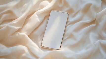 Modern smartphone with sleek design and large touchscreen lying on soft white silk sheets creating a luxurious and minimalistic bedroom home decor scene