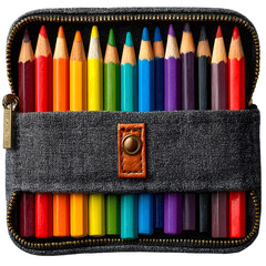 Pencil case unzipped, colored pens spilling out, isolated on transparent background