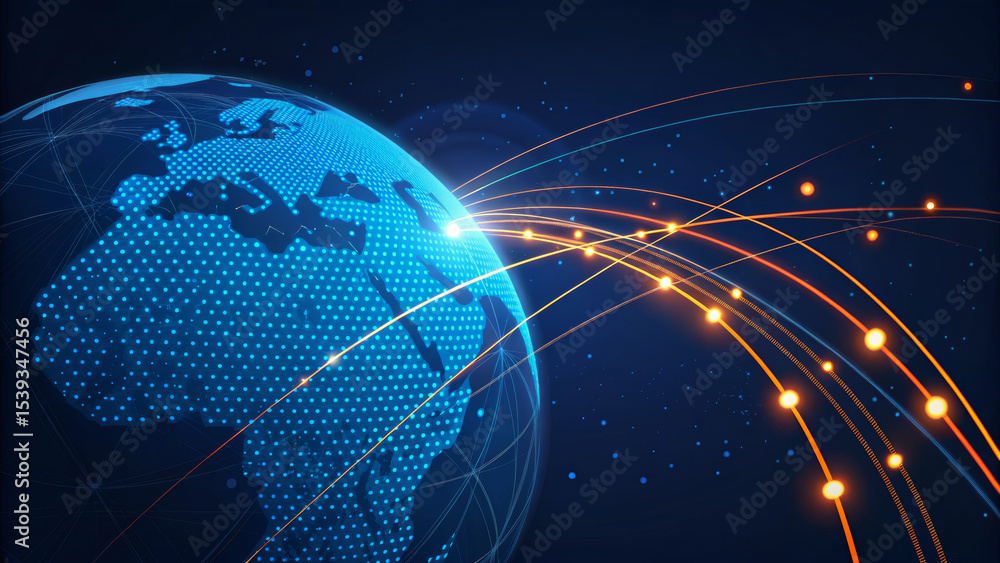 Poster ai support for financial institutions. digital globe with data connections and glowing lines. ai for