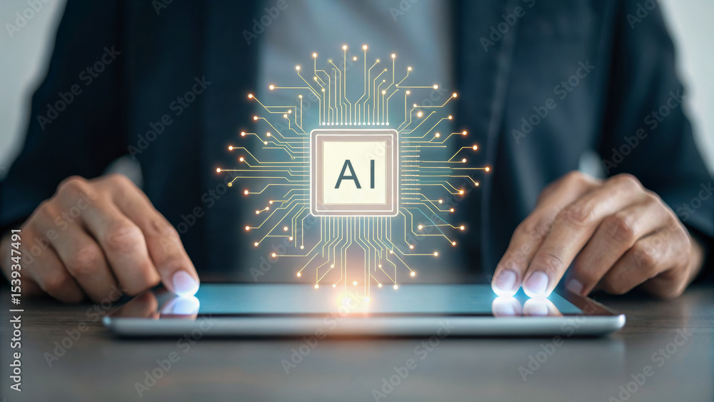 Aufkleber ai support for financial institutions. hands using a tablet with an ai circuit graphic above it. ai 