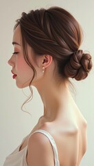 Woman's elegant updo hairstyle and delicate features.