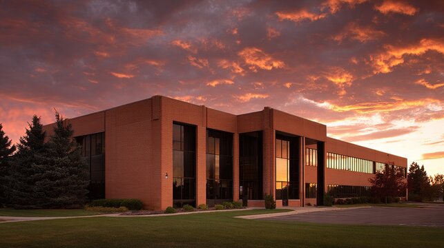 A terracotta-colored single-story office building with extensive window lines, set against a dramatic sunset backdrop of fiery orange and purple clouds - Powered by Adobe
