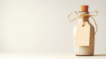 A rustic bottle with a cork stopper, tied with twine and a blank label, perfect for creative beverage presentations.