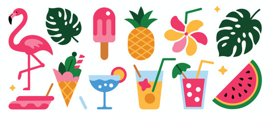 Flat summer icons featuring a boat, surfboard, pineapple, and beach umbrella on a light background