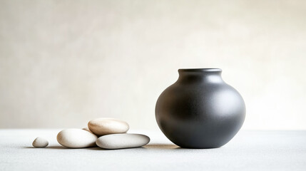 A serene still life featuring a black vase and smooth stones, perfect for minimalistic design or calming decor inspiration.