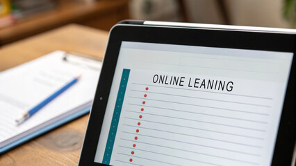 Senior citizen online education concept. Tablet displaying online learning notes on a desk. Online learning.