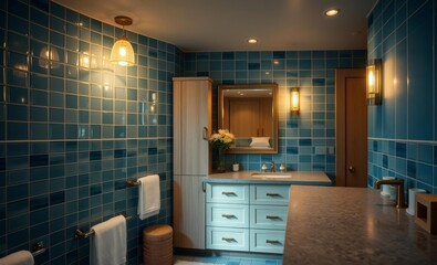 Obraz premium A sanctuary of tranquility a bathroom transformed by meticulous renovation Azure tiles shimmered under the glow of warm gold lights while a serene light wood vanity held a mirror to the owner's refle