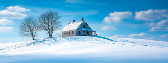 A serene winter landscape featuring a quaint house surrounded by snow and clear blue skies, perfect for seasonal decoration.