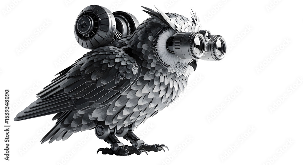 Poster mechanical owl in metallic tones with intricate feather detailing on transparent background reflecti