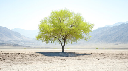 A solitary green tree stands in a vast, dry landscape under a clear blue sky, embodying resilience in nature.