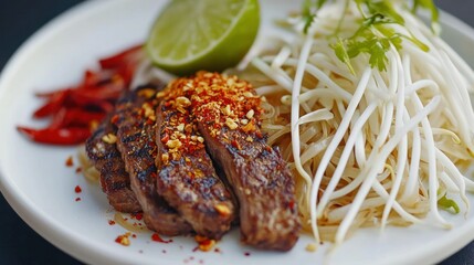 Delicious Asian noodle dish featu grilled marinated meat with chili flakes lime and fresh herbs on white plate