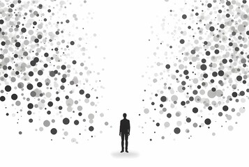 Minimalist black and white vector art: a single figure drawn as a thin black line amidst a vast white space, a dense cluster of simple black circles. AI