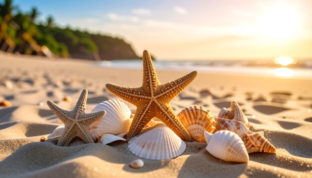 Seashells and starfish sunset beach. (1) - Powered by Adobe