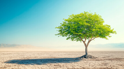 A solitary tree thriving in a vast, dry landscape, showcasing resilience and beauty under a clear blue sky.