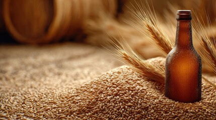 Amber Beer Bottle Amidst Wheat Grains