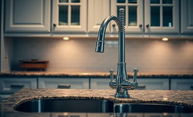 A symphony of stainless steel and polished surfaces the kitchen sink's gleaming chrome faucet a modern marvel stood proudly against a backdrop of subway tile its cool white cabinets offering a stark c
