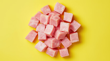 A vibrant pile of colorful cubes, perfect for representing fresh ingredients in culinary creations on a bright yellow background.