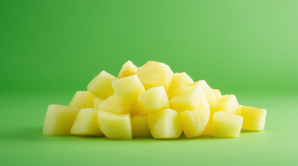 A vibrant pile of fresh yellow fruit cubes against a bright green background, perfect for healthy eating and culinary inspiration.
