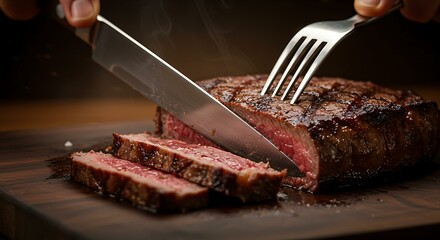 Close up of a steak being cut with knife and fork