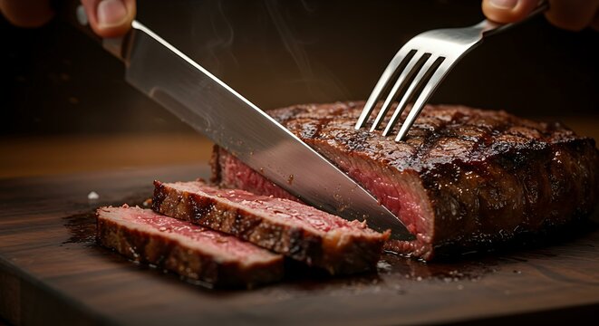 Close up of a steak being cut with knife and fork - Powered by Adobe