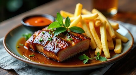 Savory Grilled Protein with Crispy French Fries and Zesty Dipping Sauce on Rustic Plate