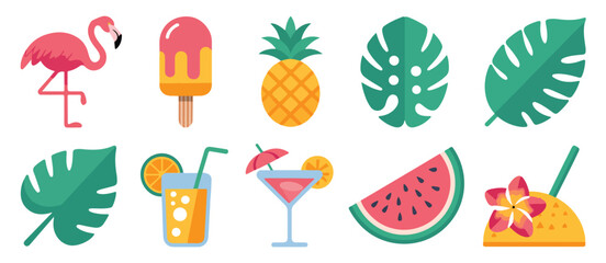 set of colorful autumn leaves Collection of summer themed icons featuring flamingo popsicle pineapple and tropical leaves vector art