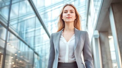 Confident businesswoman walking in a modern urban environment, showcasing professionalism and success.
