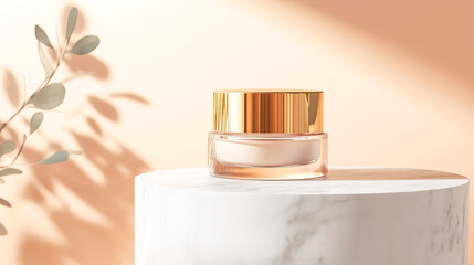 Elegant cosmetic jar on a marble pedestal with soft lighting, creating a serene beauty scene for skincare and wellness.