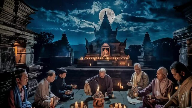 A group of robed figures perform a solemn, ancient ritual in a candlelit temple courtyard under a full moon