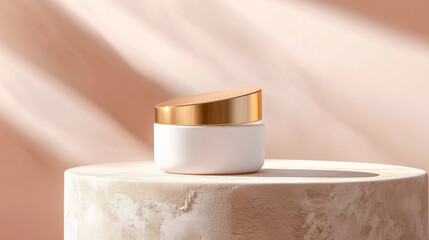Elegant skincare cream jar with a golden lid, placed on a stylish stone pedestal, adorned by soft light and minimalistic background.