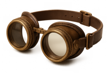 Steampunk goggles with brown leather strap and golden frames are showcased on a transparent background, evoking a sense of adventure and vintage style