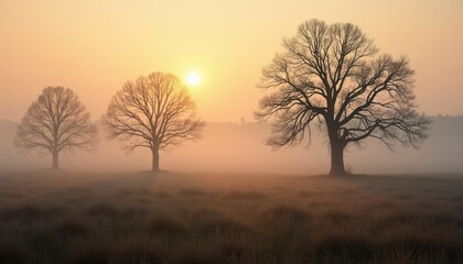 Misty sunrise with bare trees in a field.
