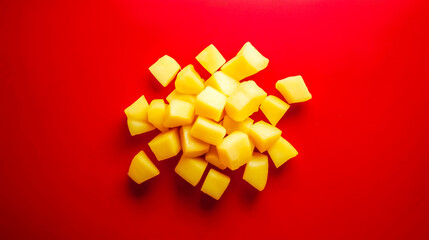 Fresh mango cubes arranged on a vibrant red background, ideal for food photography and culinary presentations.